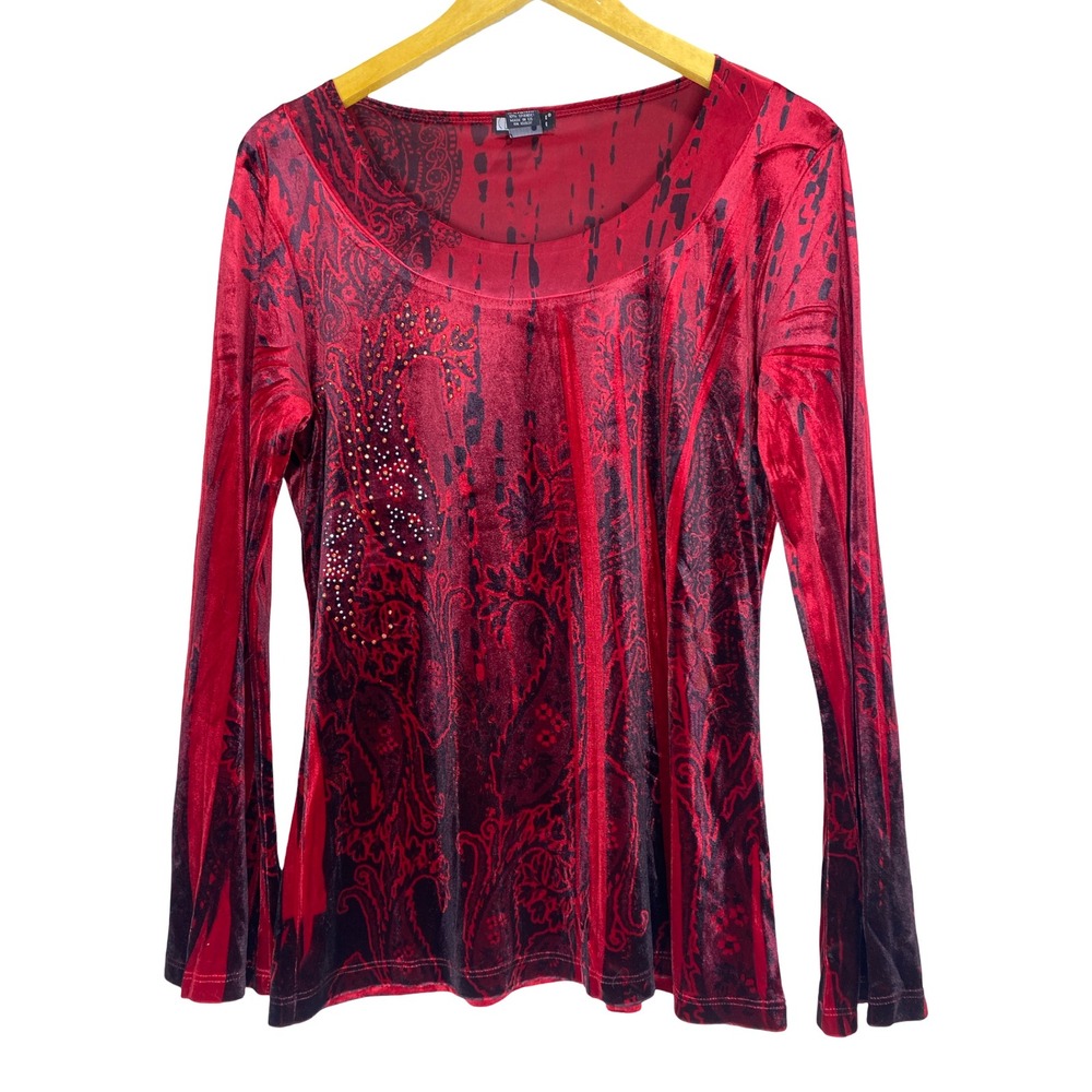 Carole Little Red Black Paisley Velvet Rhinestone Top Large Y2K Vintage Goth